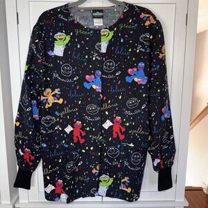 Sesame Street Scrub Jacket Medium Black Colorful Print Elmo Grover Oscar Y2K